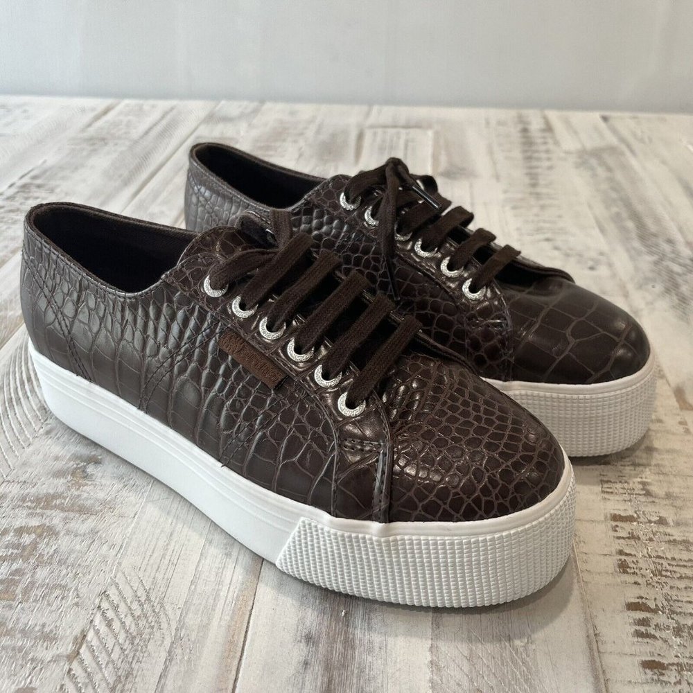 Superga Platform Shoes Womens Sz 9 Sneakers Brown Faux Crocodile Shoes
